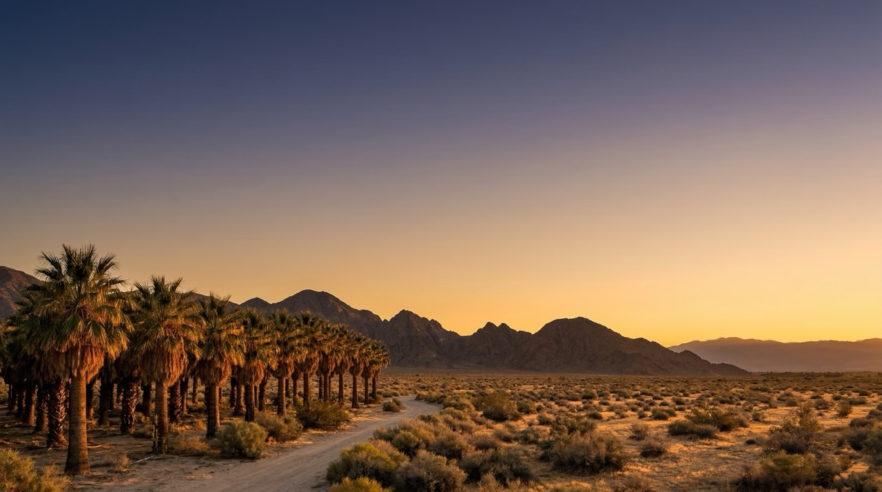 Coachella Valley palms at sunset